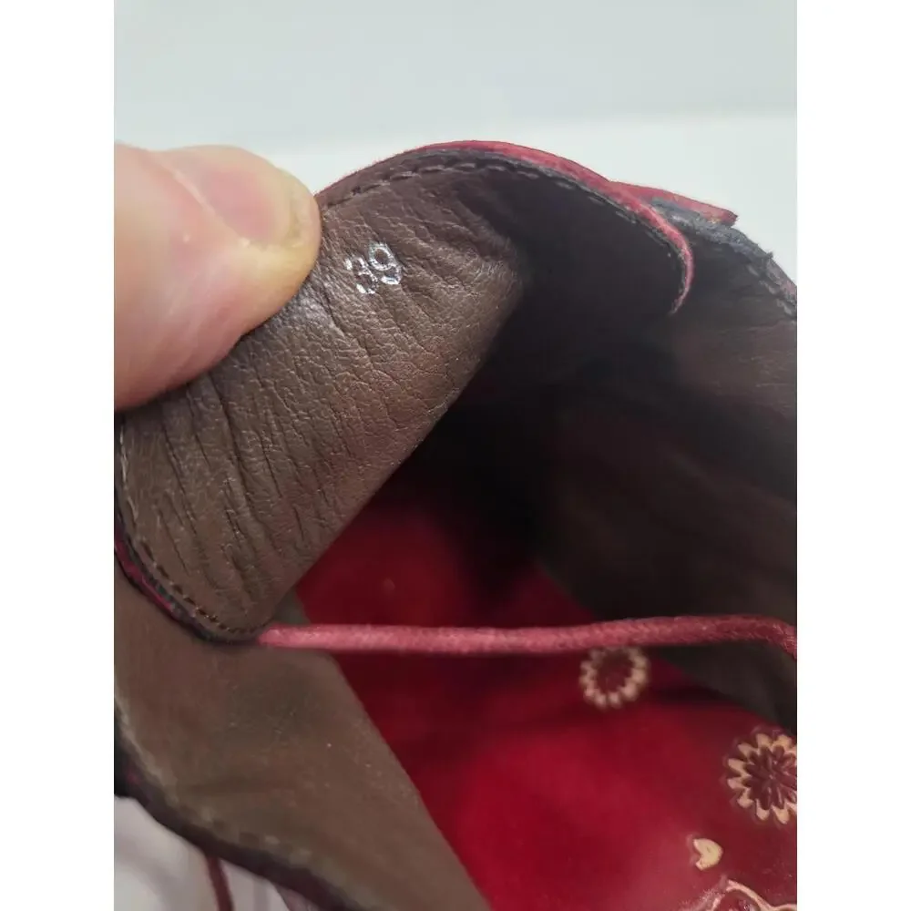 Red Paisley Heel Shoes Womens Size 39 US 8 Lace Up Leather Print Vintage Style - Picture 13 of 13